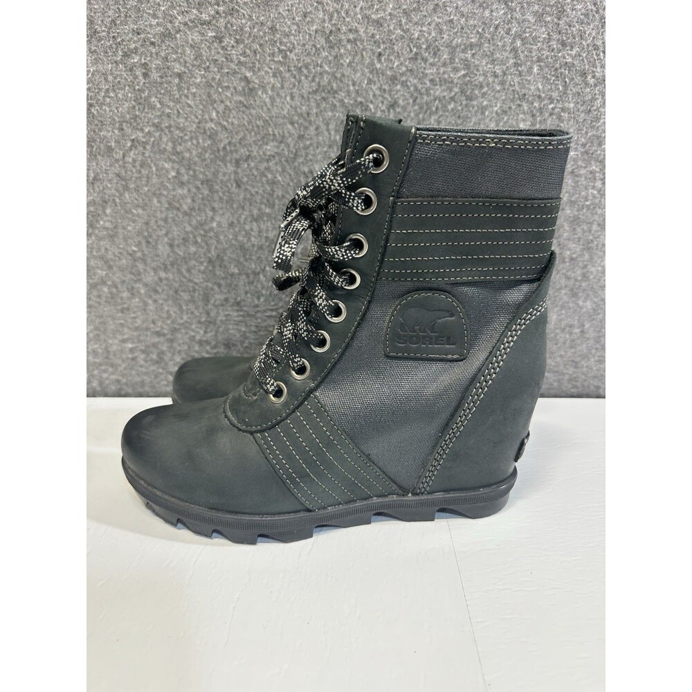 Sorel Lexie Hidden Wedge Boot Black Leather & Canvas Lace Up Ankle Women's 9 B23